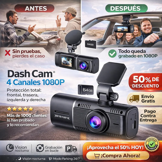 Dash Cam - Cámara de parabrisas para coche 1080P con tarjeta de memoria de 64 GB y con visión nocturna